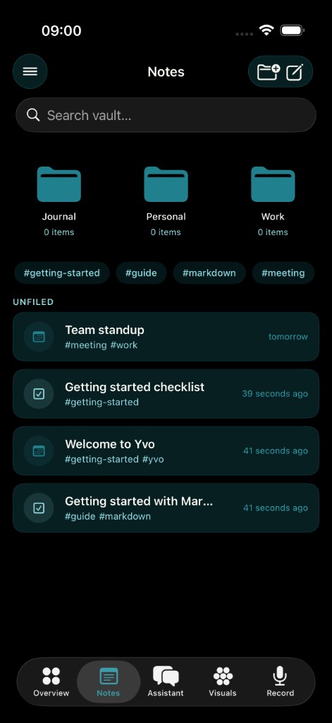 Yvo Notes — folders, tags, and unfiled items